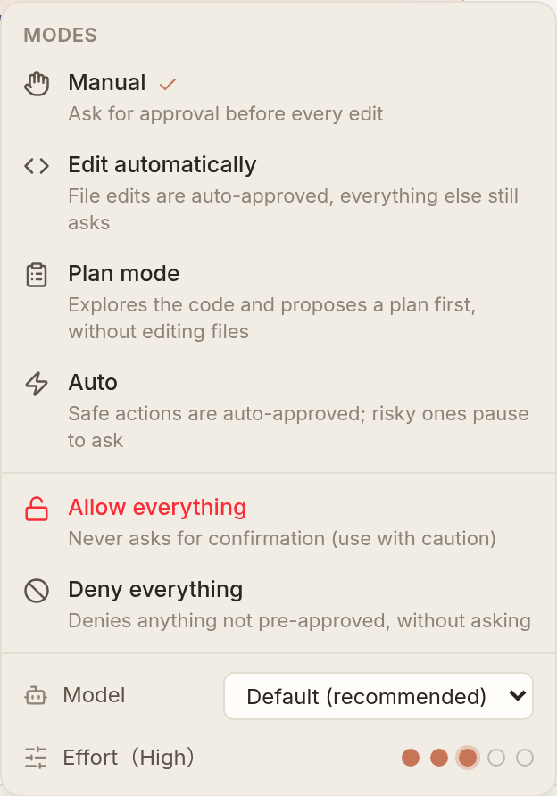 Permission modes, model and reasoning effort