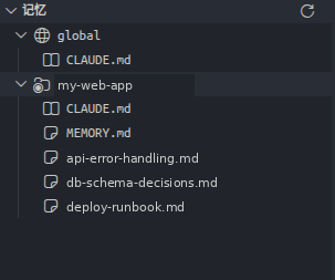 The Memory view: global and current-project CLAUDE.md and memory files