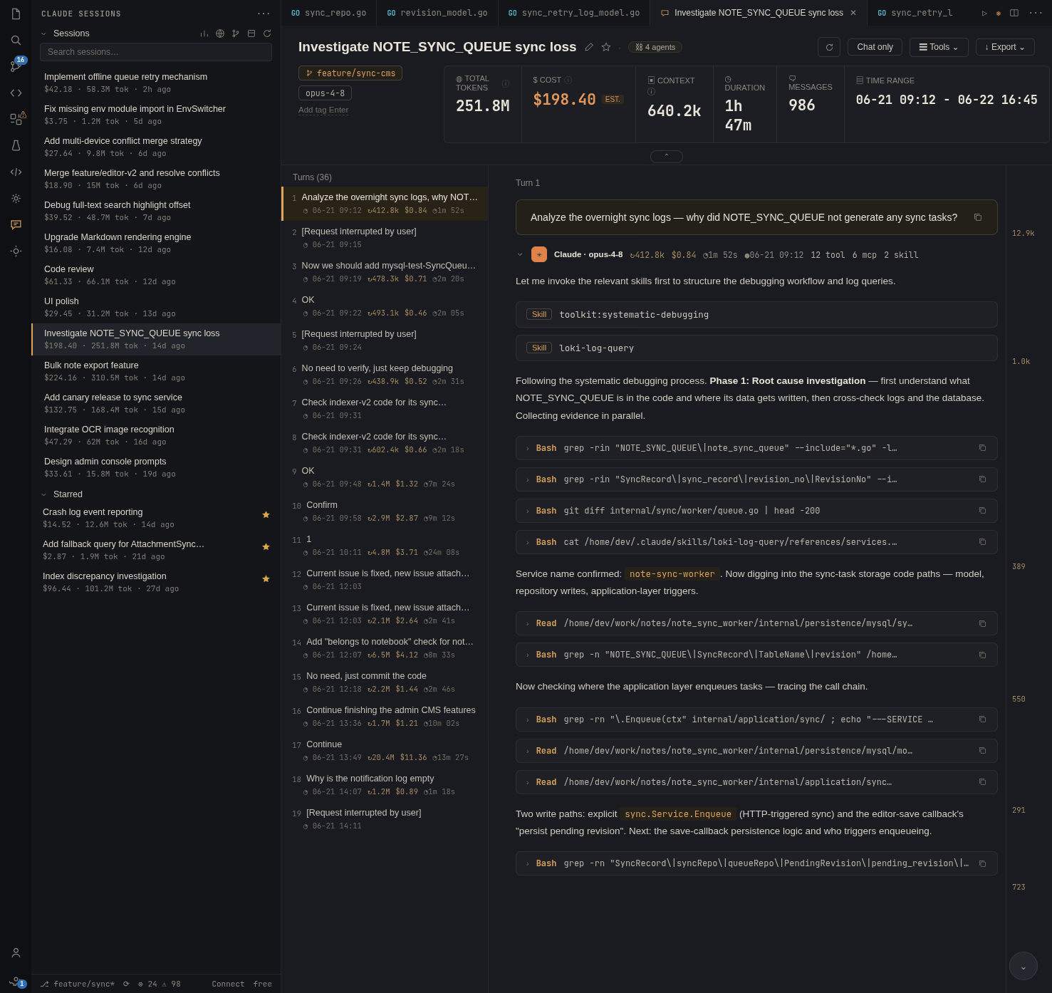 Session detail panel: transcript, tool calls and token/cost breakdown