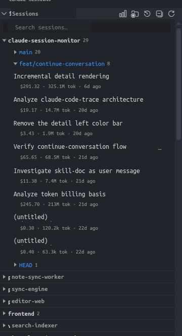 The Sessions sidebar tree: repository, branch and sessions